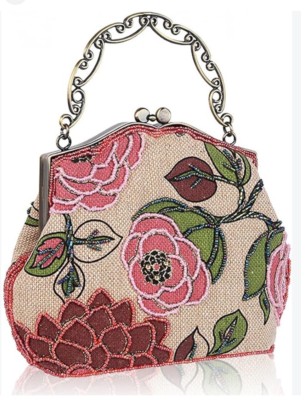Beaded Pink Floral Clutch with Ornate Handle